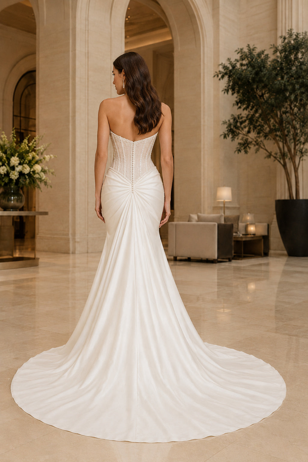 Satin Wedding Dress Mermaid Strapless Sweetheart Sweep Train Bridal Gown Style 721264 back view