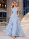 Ethereal Sky Blue Chiffon Prom A Line Floor Length Halter Beaded Waist Gown front view