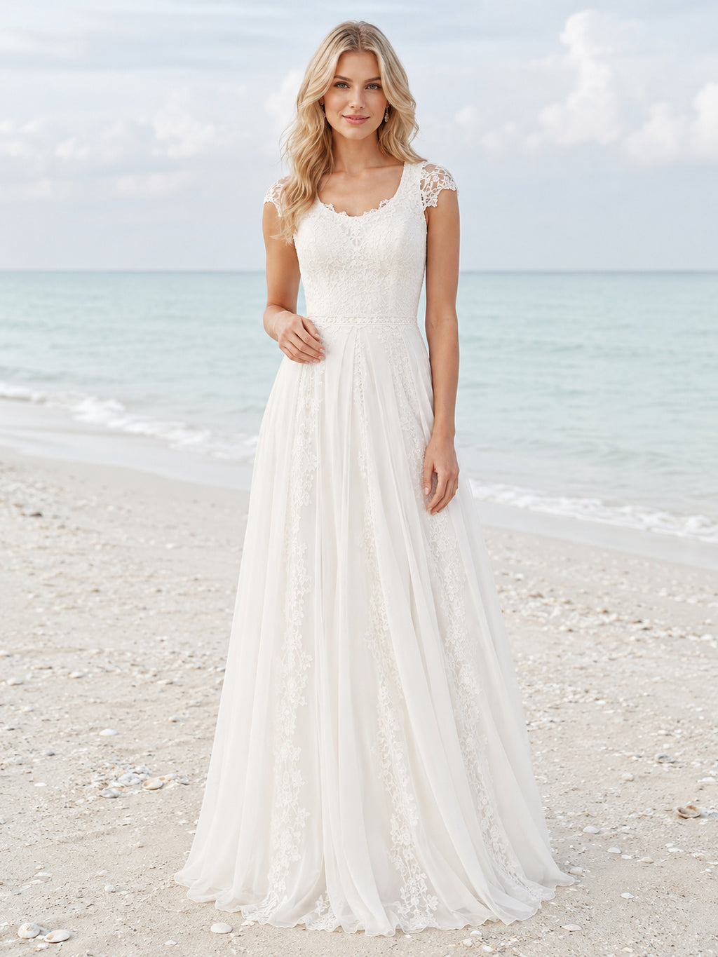 Cap Sleeve Beach Chiffon A-Line Airy Bridal Gown front view