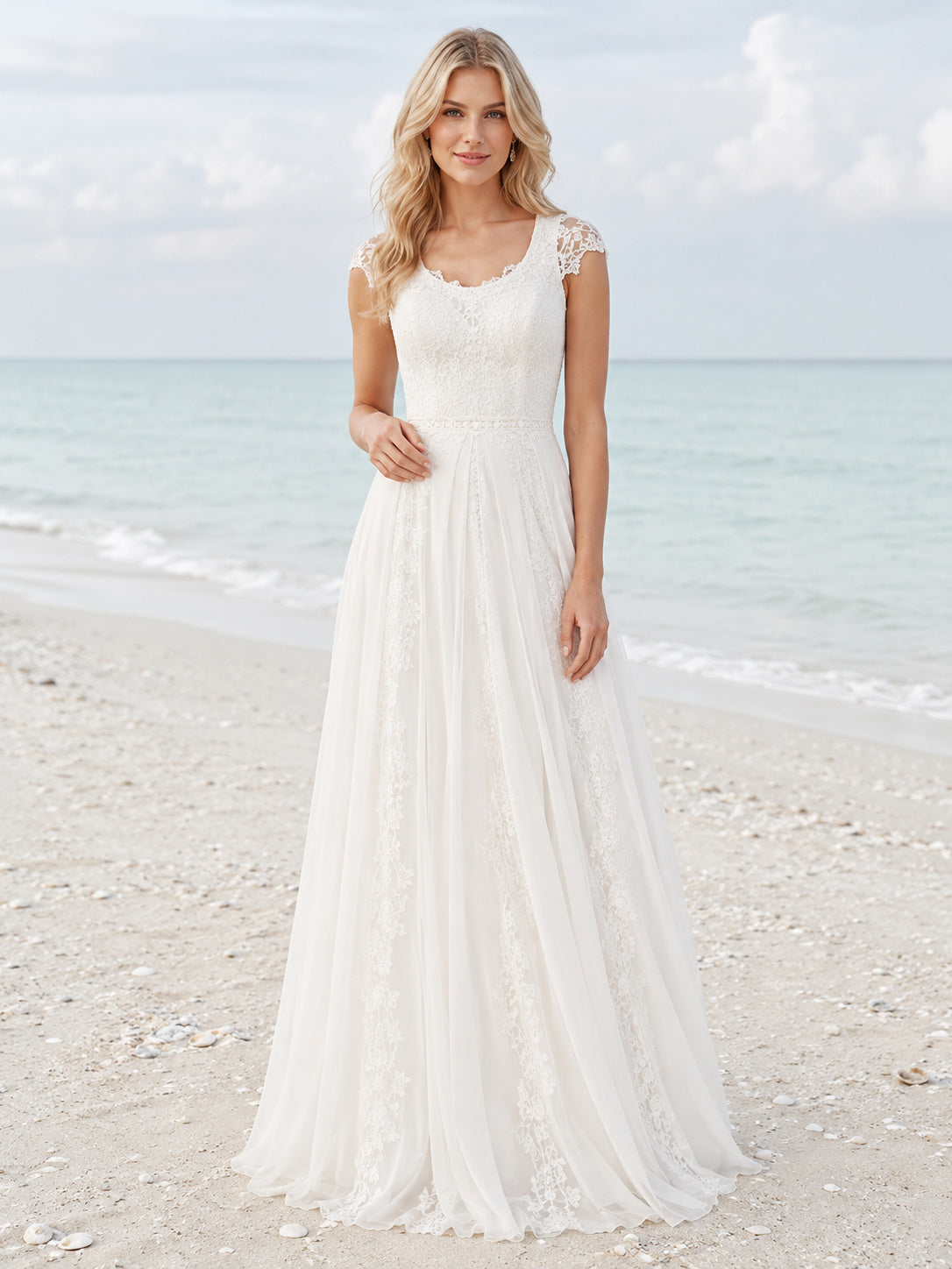 Cap Sleeve Beach Chiffon A-Line Airy Bridal Gown front view
