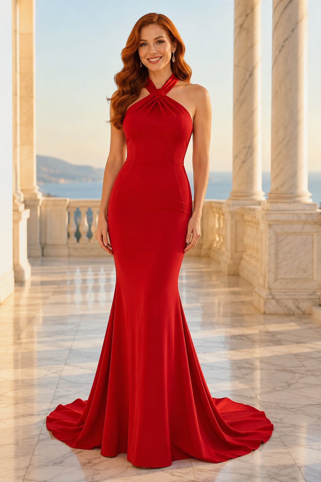 Red Halter Mermaid Evening Dress with Open Back and Train front view