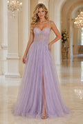 Lavender Spaghetti Strap Lavender Tulle A Line Gown with Beaded Bodice Floor Length A Line Prom Dress front view