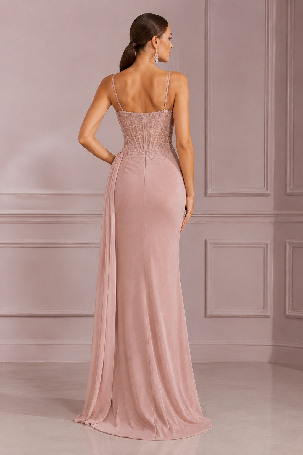 Dusty Rose Spaghetti Strap Sheath Prom Dress with Lace Bodice and Slit back view