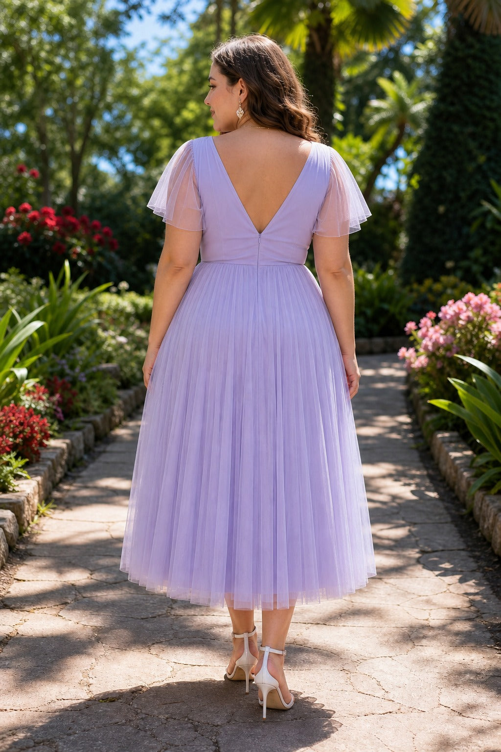Lavender V-Neck Tea-Length Tulle A-Line Dress
