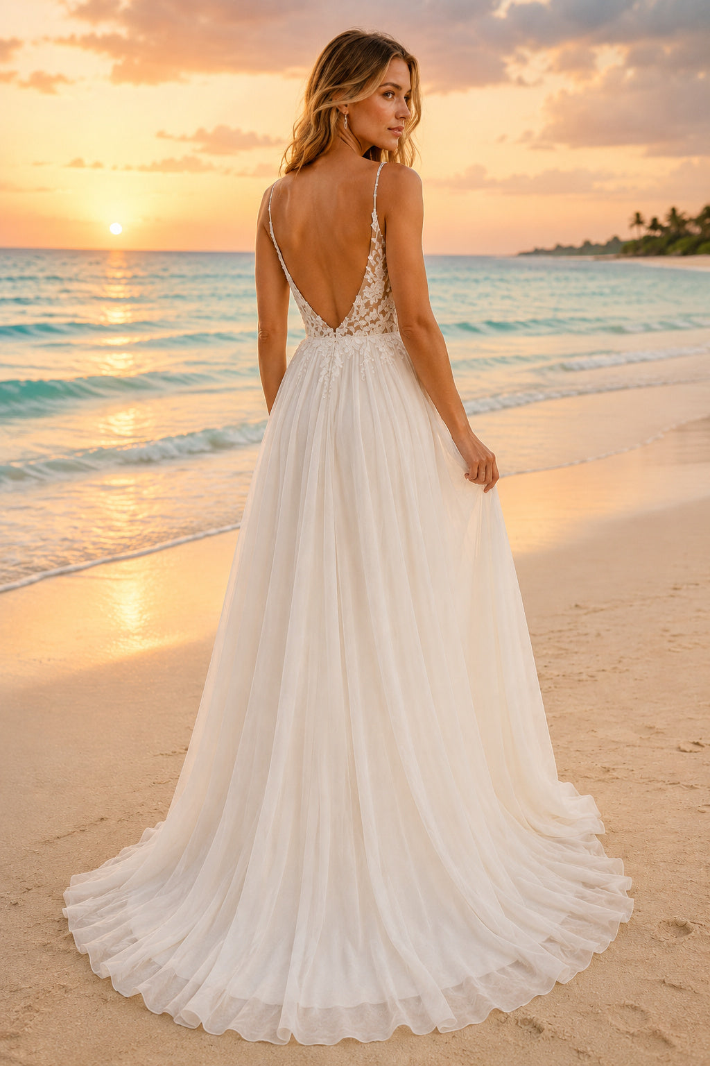 Ivory Spaghetti V-Neck Lace Bodice Tulle A-Line Wedding Dress for Bridal Ceremony and Reception back view