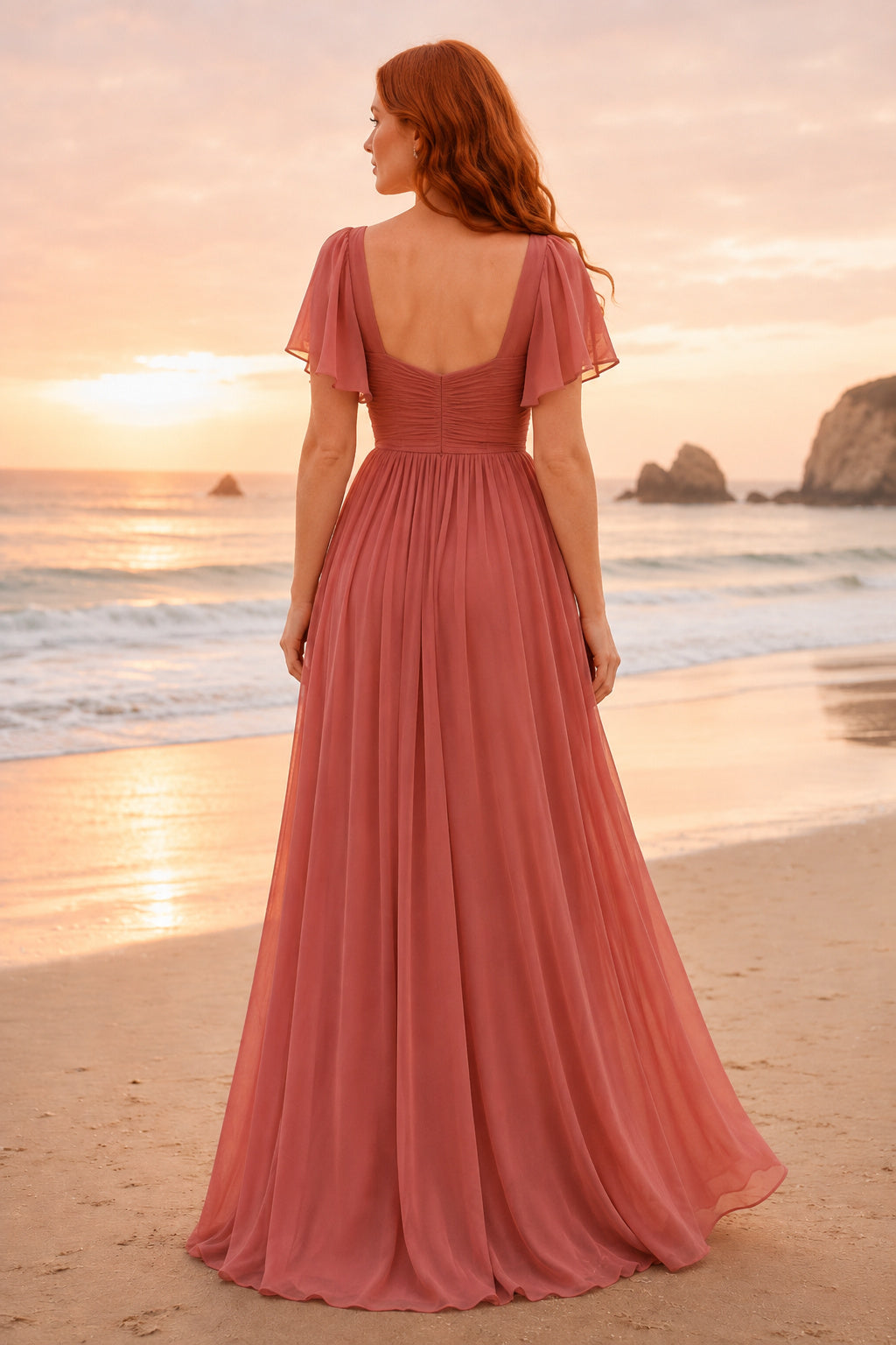 Coral V-Neck Chiffon A-Line Beach Bridesmaid Dress with Flutter Sleeves and Pleated Waist back view