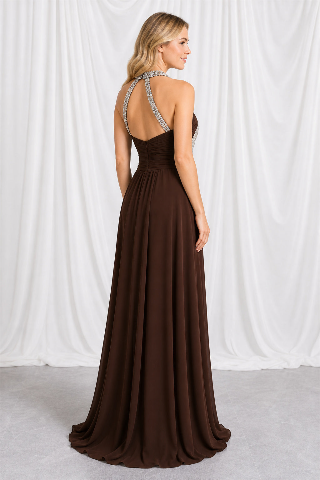 Chocolate Halter A-Line Chiffon Floor-Length Dress With Beaded Cutout Neckline