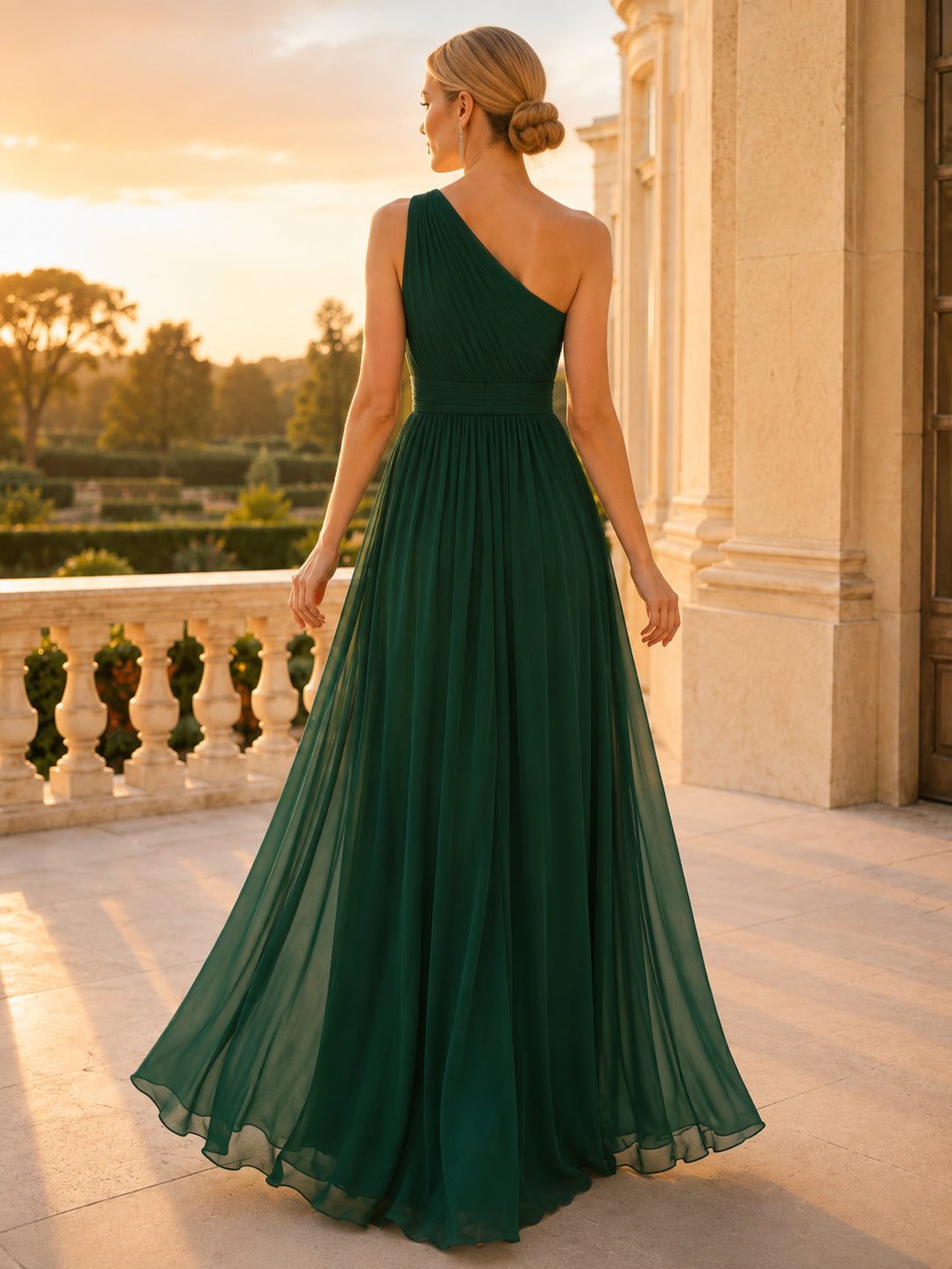 Dark Green Chiffon One-Shoulder Floor-length Evening Dress back view