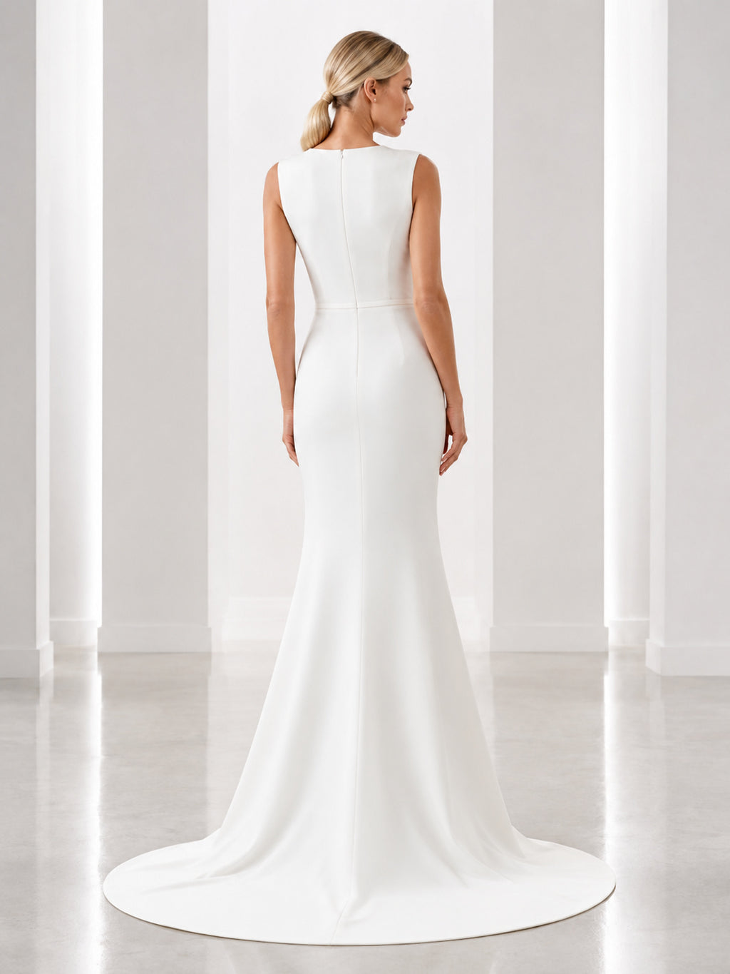 Simple Bateau Sleeveless Fit And Flare Wedding Dress With Court Train back view
