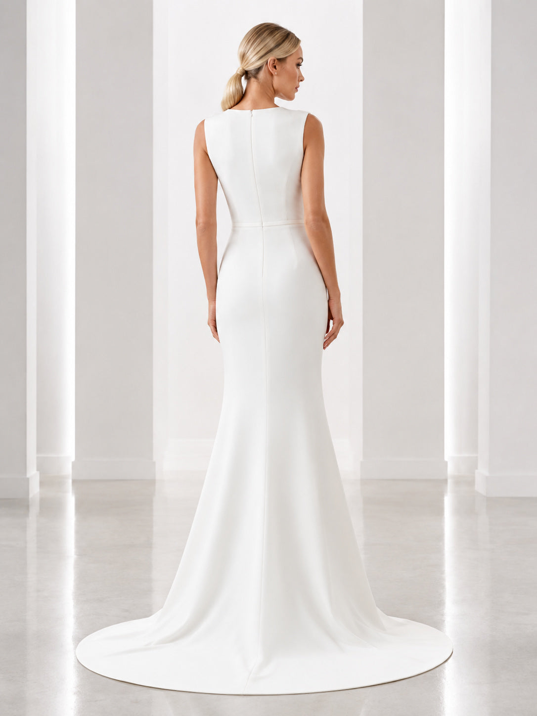 Simple Bateau Sleeveless Fit And Flare Wedding Dress With Court Train back view