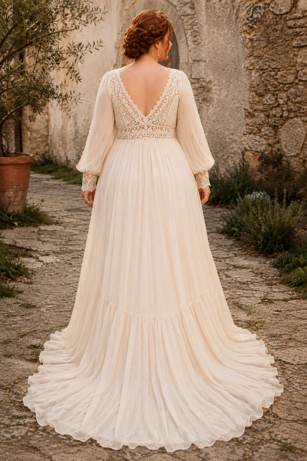 Plus Size Boho Empire Chiffon Wedding Dress with Balloon Sleeves and Tiered Skirt back view