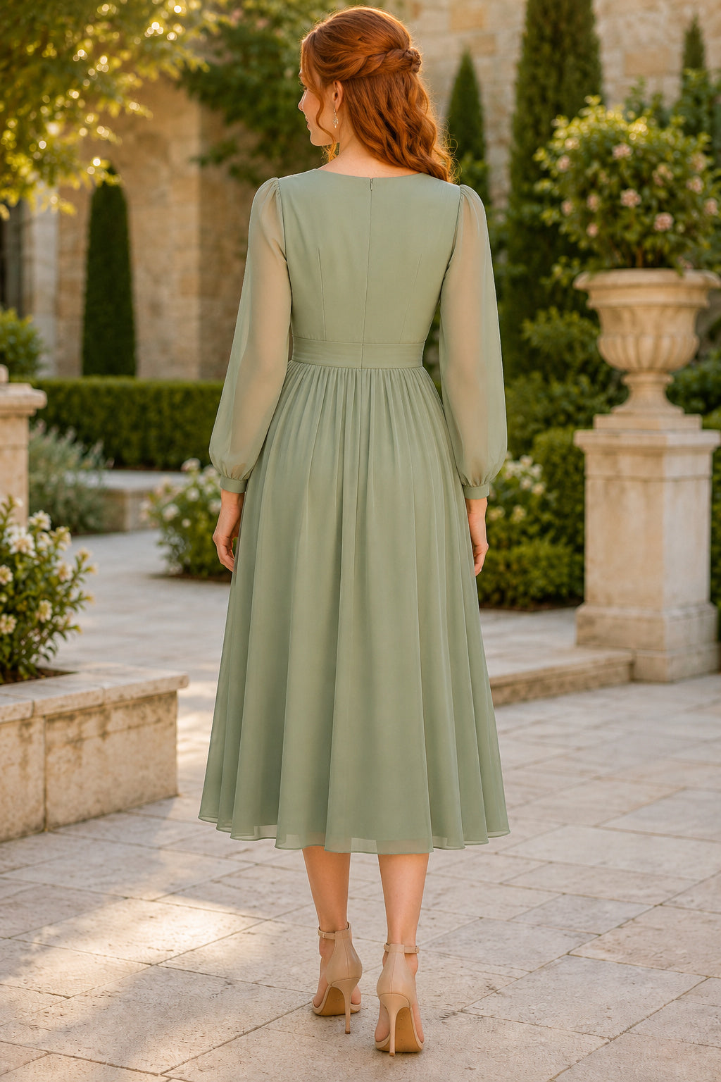 Dusty Rose Modest Cocktail Sheath Dress back view