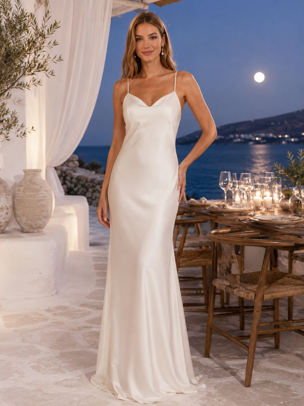Beach Sweetheart Spaghetti Strap Satin Slip Wedding Dress front view