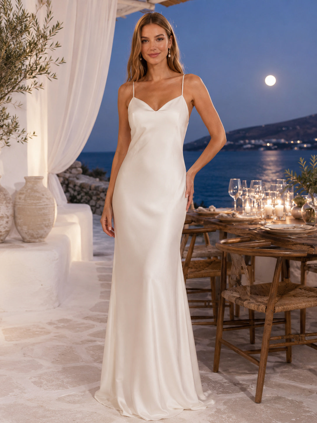 Beach Sweetheart Spaghetti Strap Satin Slip Wedding Dress front view