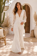 White V-Neck Long Sleeve Lace Bridal Jumpsuit front view