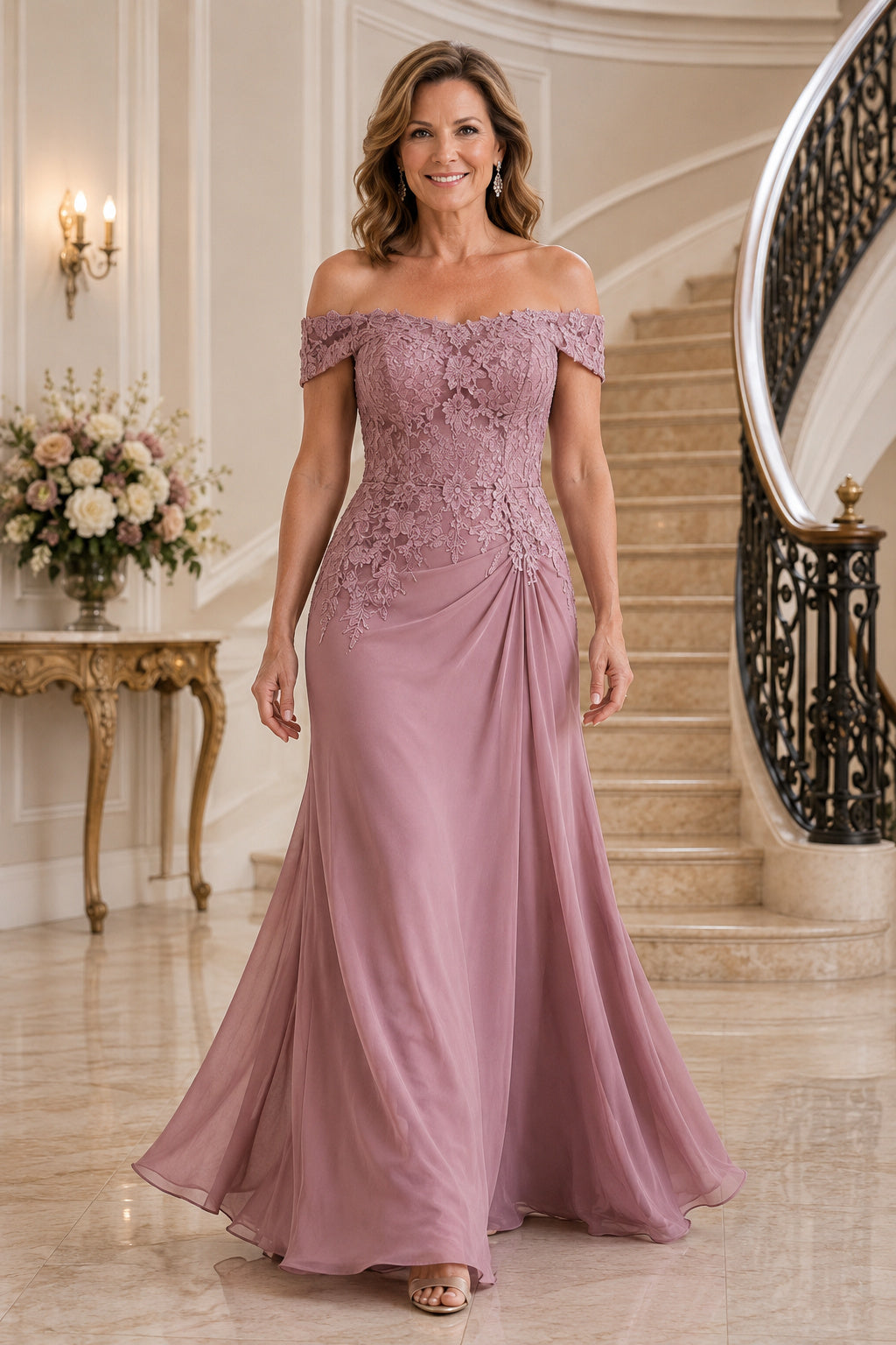 Vintage Mauve Off Shoulder Chiffon A-Line Mother Dress with Lace Bodice front view