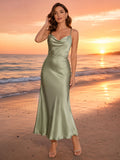 Sage Sunset Beach Wedding Guest Dress Sheath Satin Cowl Neck Spaghetti Strap Sleeveless Ankle-Length Open Back front view