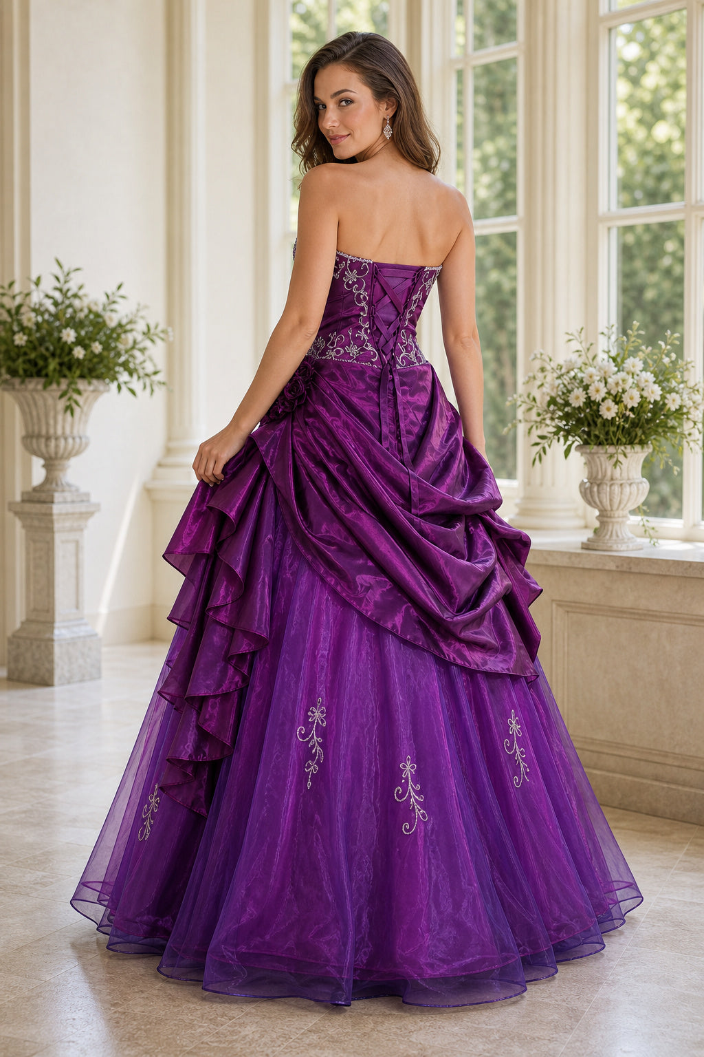 Purple Strapless Sweetheart Ball Gown Tulle Floor-Length Dress With Draped Skirt