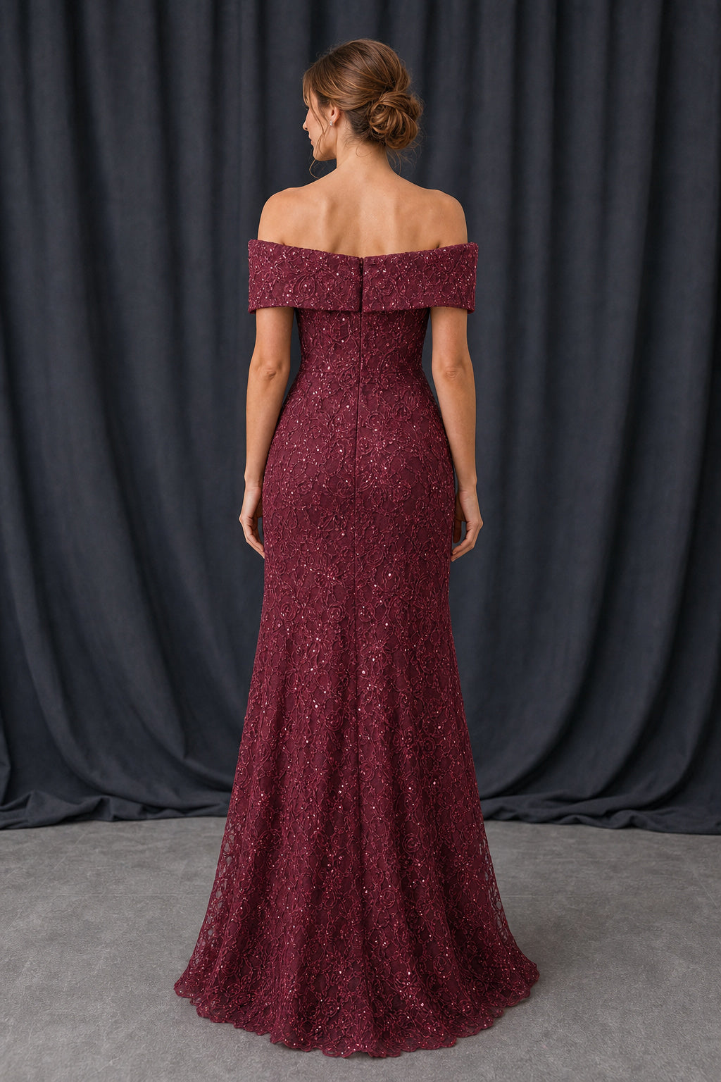 Burgundy Off-the-Shoulder Mermaid Lace Floor-Length Dress With Cap Sleeves