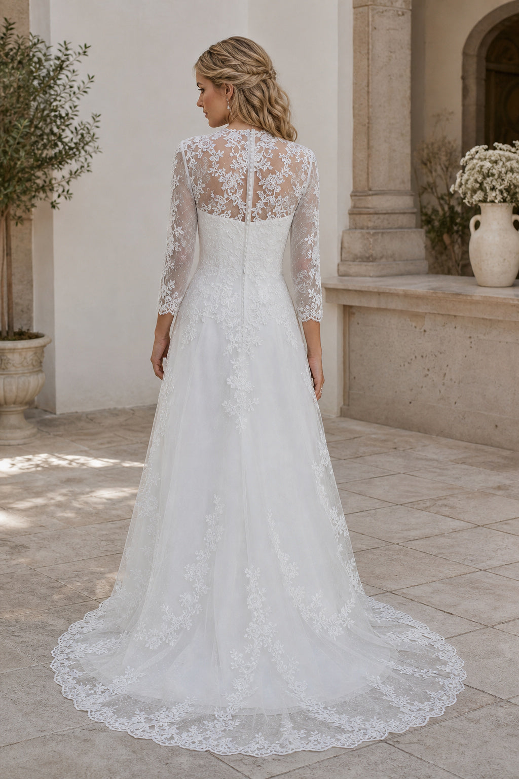 Champagne Scoop Three-Quarter Sleeves A-Line Lace Floor-length Wedding Dress With Lace and Sweep Train and Open Back