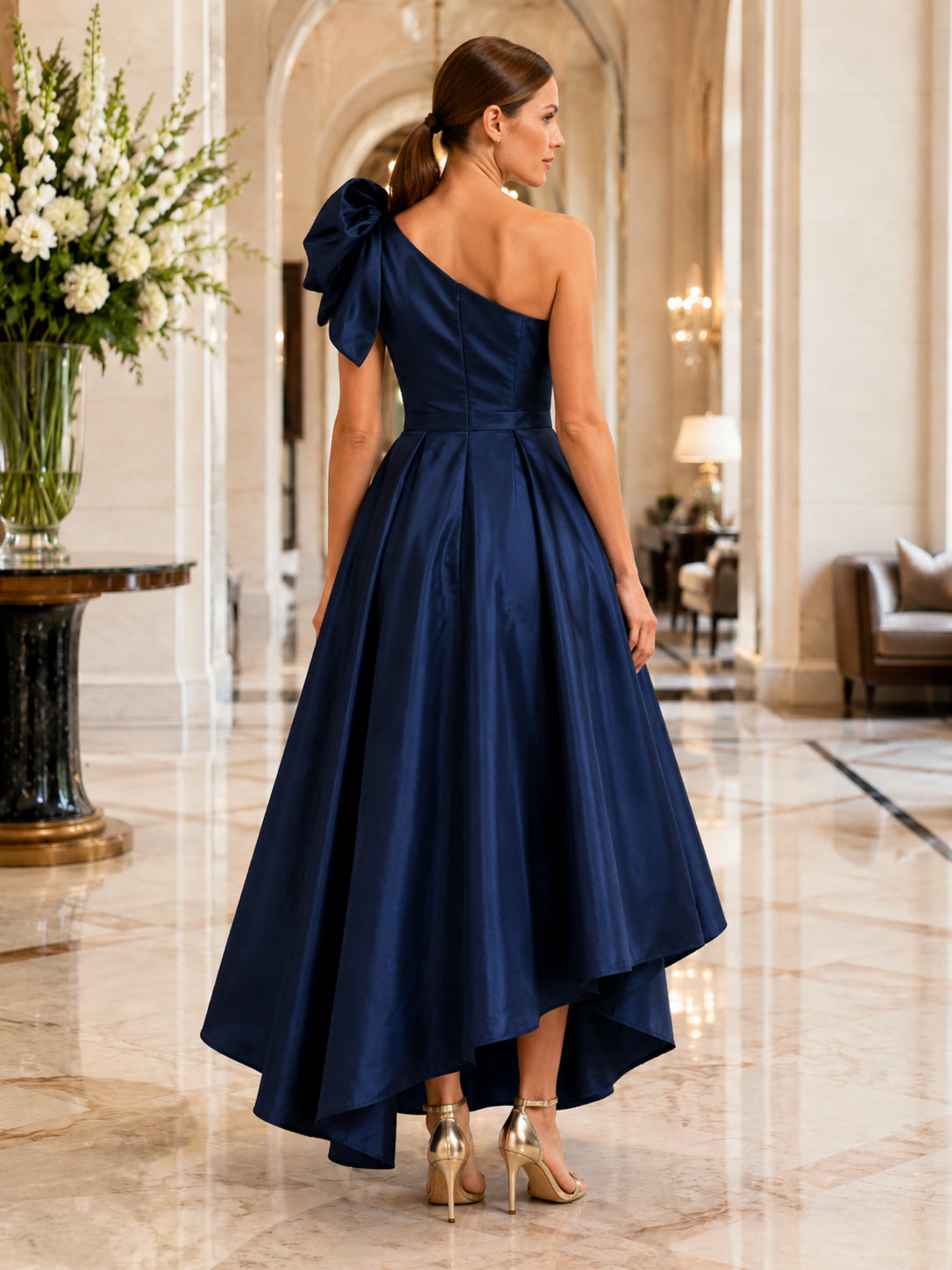 Dark Navy One-Shoulder Taffeta Bow High-low Dress back view