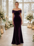 Plum Off Shoulder Velvet Mermaid Winter Wedding Guest Dress front view