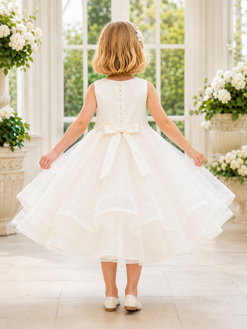 Elegant Flower Girl A-Line Organza Tulle Jewel Neck Sleeveless Floral Tiered Party Dress back view