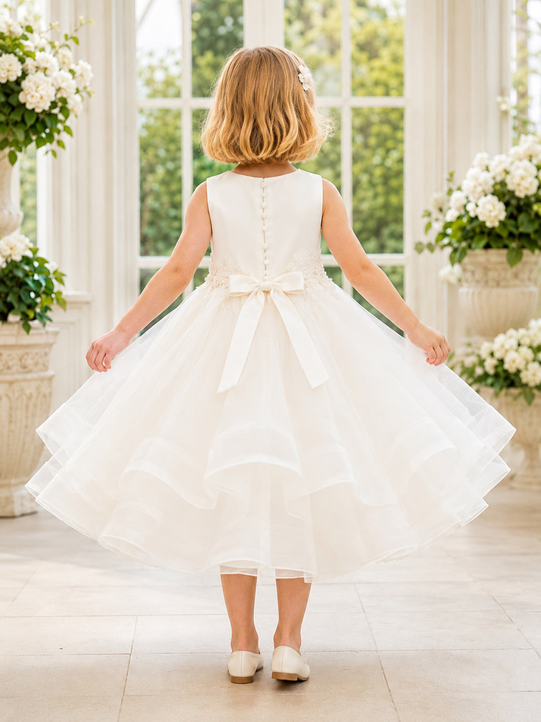 Elegant Flower Girl A-Line Organza Tulle Jewel Neck Sleeveless Floral Tiered Party Dress back view