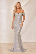 Silver Off-the-Shoulder Sequin Mermaid Prom Dress with Sweetheart Neck front view