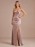 Champagne strapless satin ruched slit floor length sheath dress front view