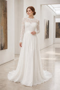White Off-the-shoulder Flutter Sleeves A-Line Chiffon Floor-length Wedding Dress With Beaded Bodice and Pleated Skirt and Open Back