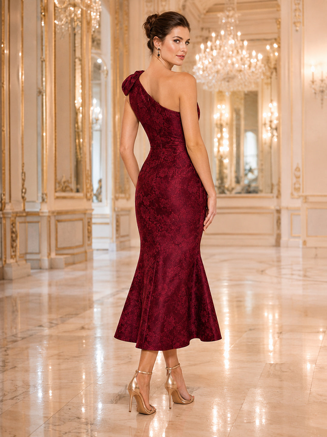 Burgundy One Shoulder Floral Jacquard Mermaid Tea Guest Dress back view