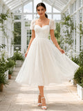 Vintage Tulle Wedding Dress A-Line Sweetheart Puff Sleeve Tea Length Bridal Gown front view