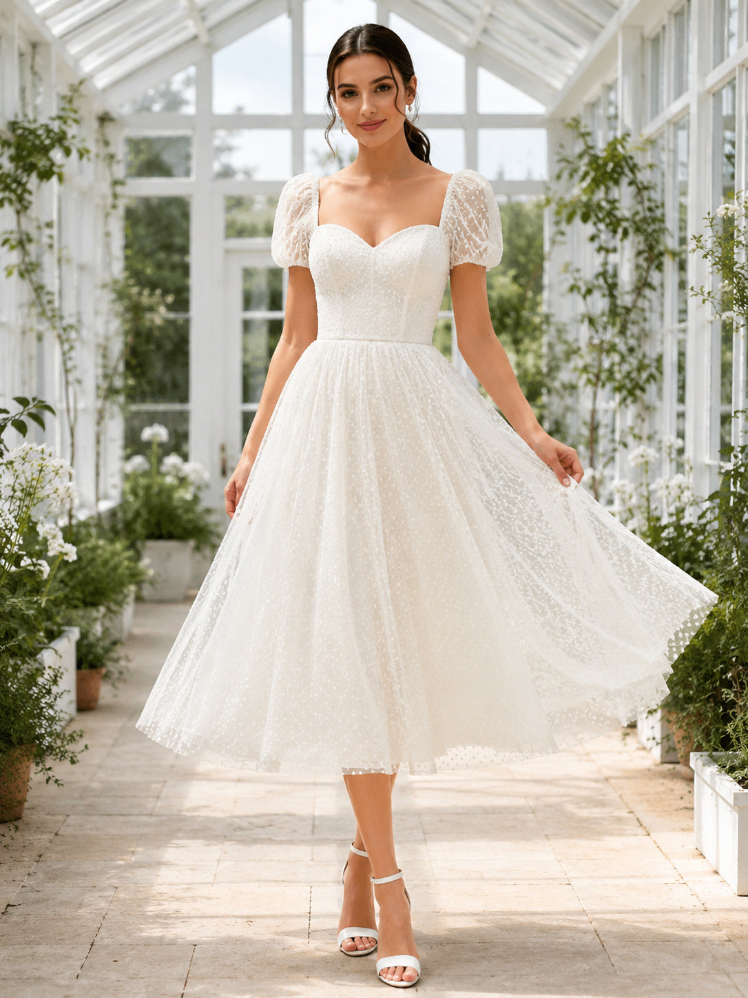 Vintage Tulle Wedding Dress A-Line Sweetheart Puff Sleeve Tea Length Bridal Gown front view