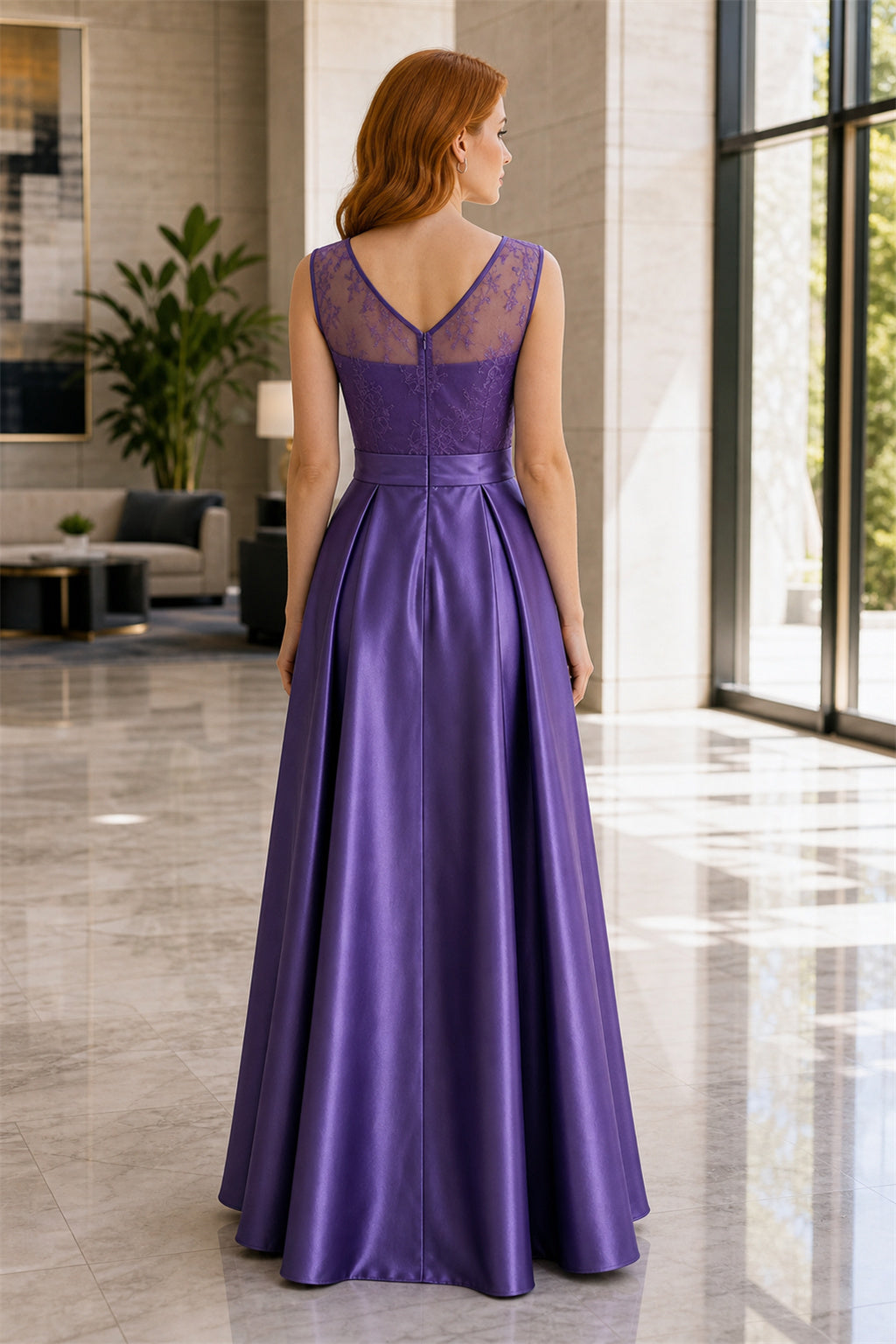 Scoop Neck Sleeveless A-Line Satin Floor-Length Dress With Sash