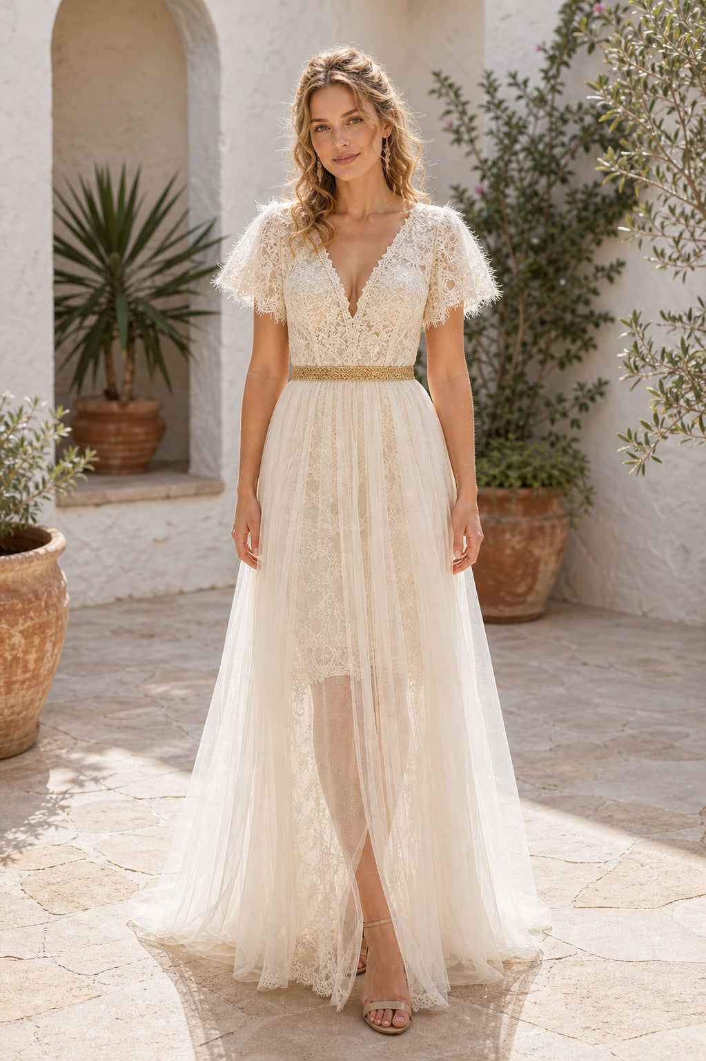 Champagne V-neck Short Sleeves A-Line Tulle, Lace High-low Formal Dress With Lace and Front Slit