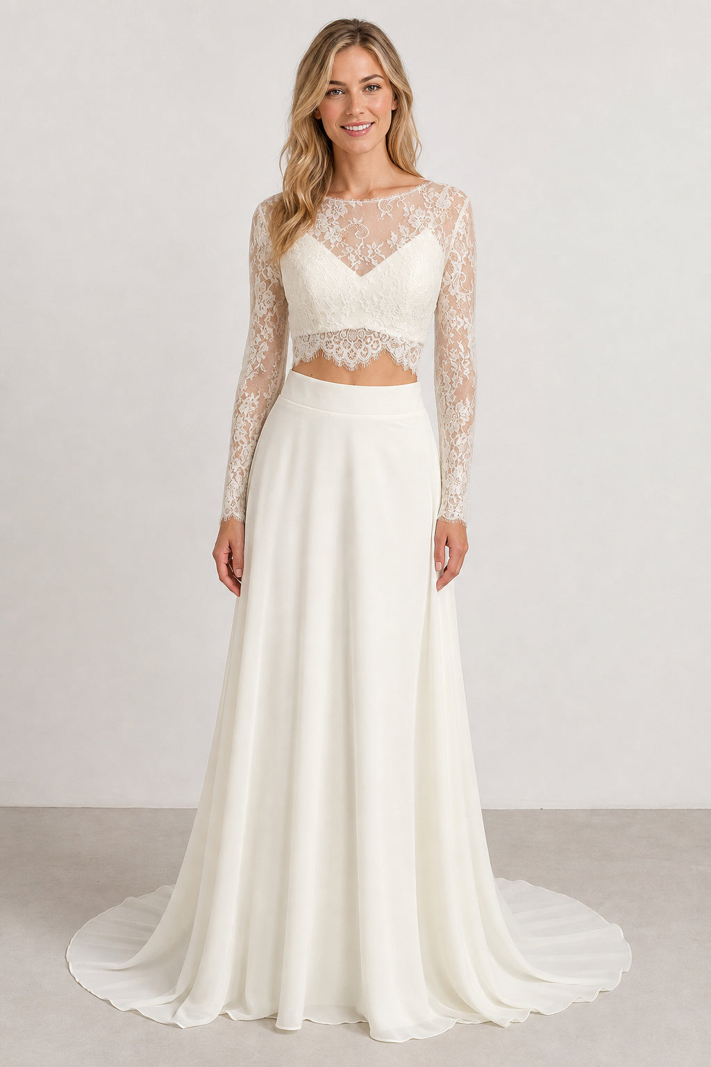 White One-shoulder Long Sleeves Two-Piece Satin, Lace Floor-length Wedding Dress With Lace and Two-Piece