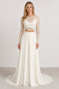 White One-shoulder Long Sleeves Two-Piece Satin, Lace Floor-length Wedding Dress With Lace and Two-Piece