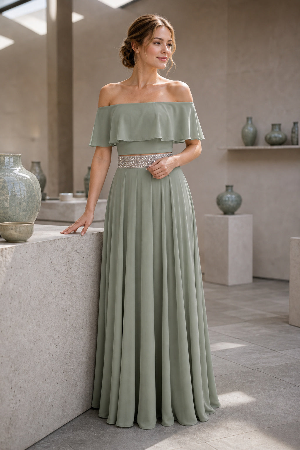 Sage Off-the-Shoulder A-Line Chiffon Floor-Length Dress With Beaded Waist