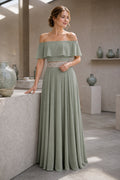 Sage Off-the-Shoulder A-Line Chiffon Floor-Length Dress With Beaded Waist