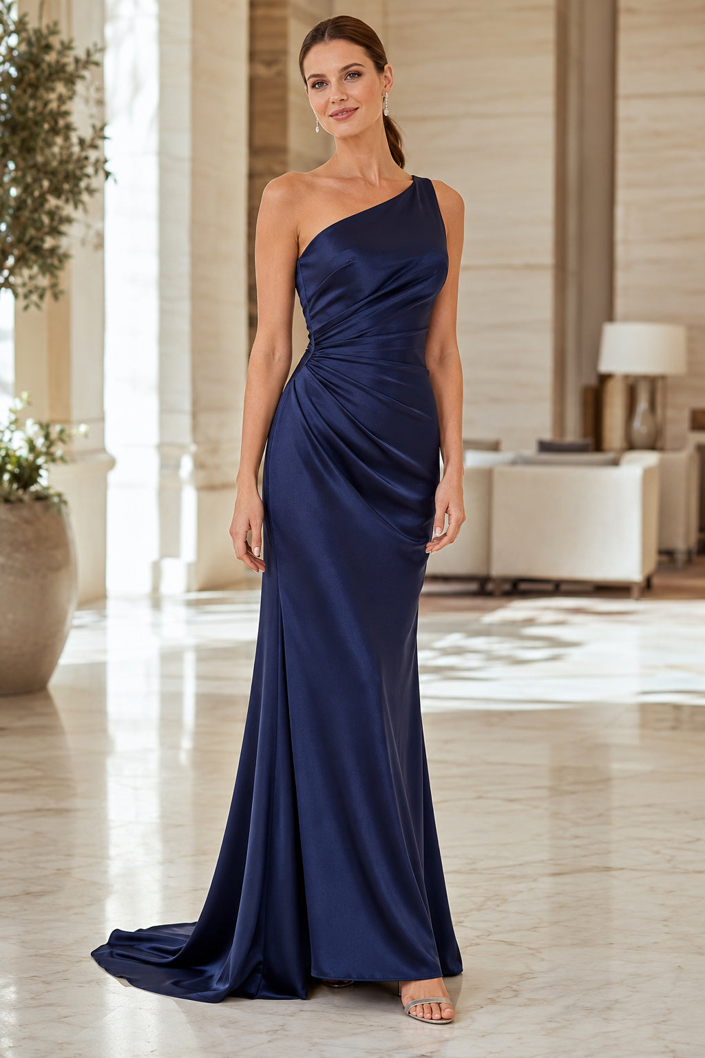 Dark Navy one shoulder ruched stretch satin sheath gown with side drape Floor-length And Sweep/Brush Train Sheath Prom Dress