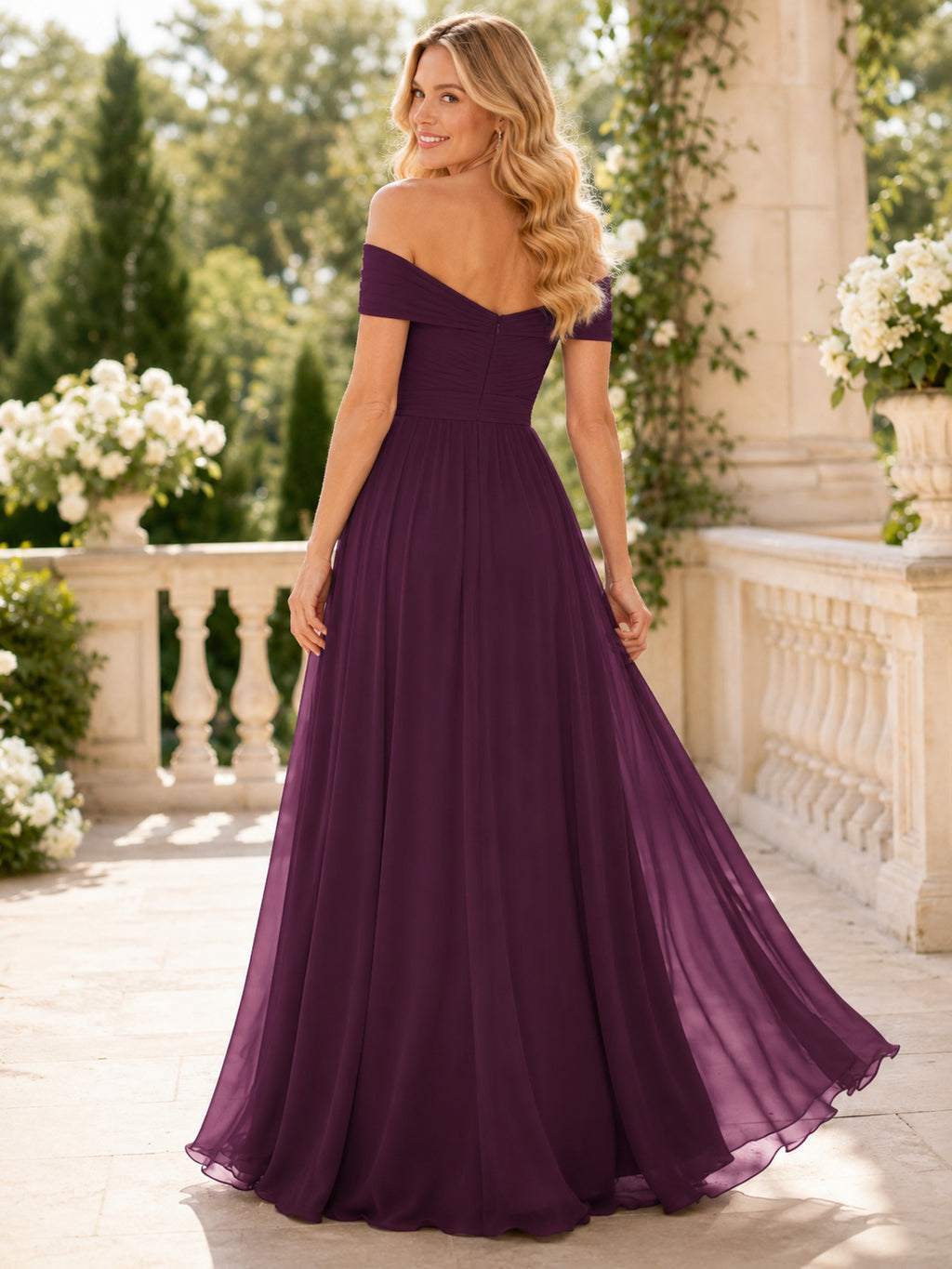 Plum Off Shoulder Chiffon A-Line Formal Dress back view