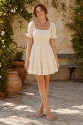 Ivory Square Neck Puff Sleeve Tiered Chiffon Mini Dress for Wedding Reception and Party front view