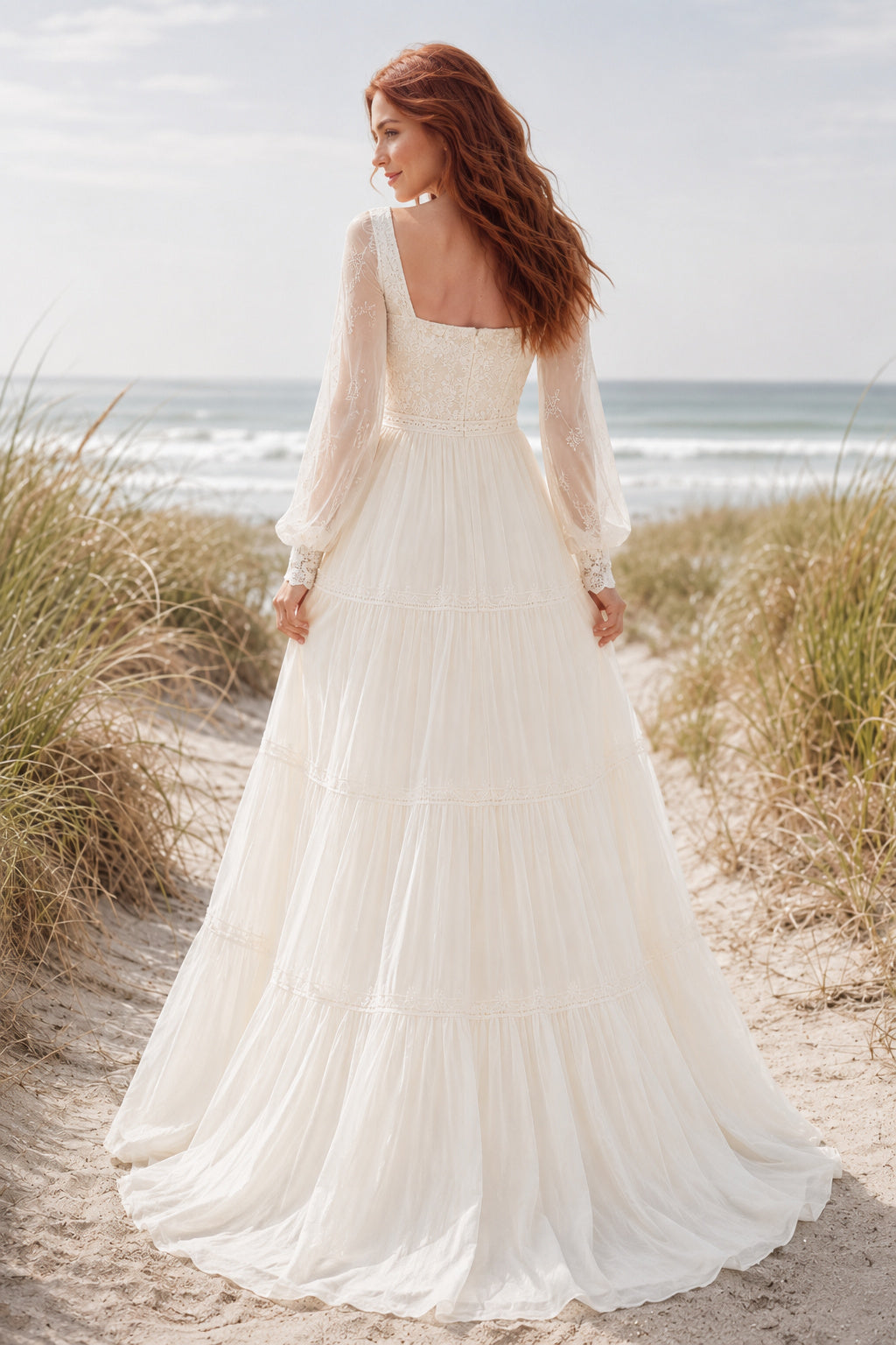 Square Neck Long Sleeve A-Line Wedding Dress with Lace Bodice and Full Tulle Skirt back view