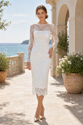 Ivory Illusion Long Sleeves Sheath Lace Knee-length Dress With Lace