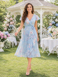 Blue Floral V Neck Short Sleeve Midi Garden Party Dress front view