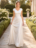 Minimalist Satin Wedding Dress A-Line V-Neck Cap Sleeve Floor Length Bridal Gown front view