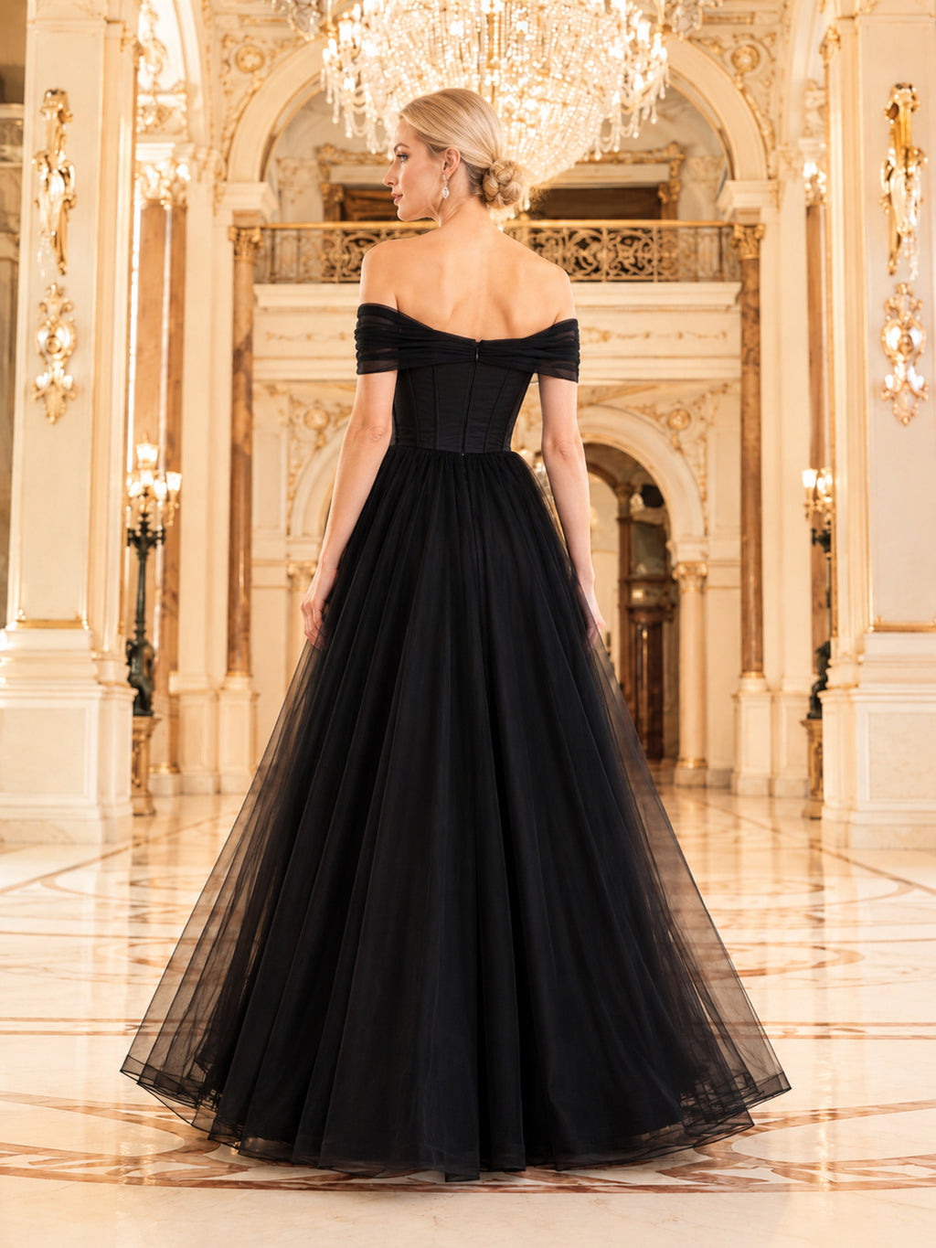 Black off shoulder tulle ballroom opera evening gown back view