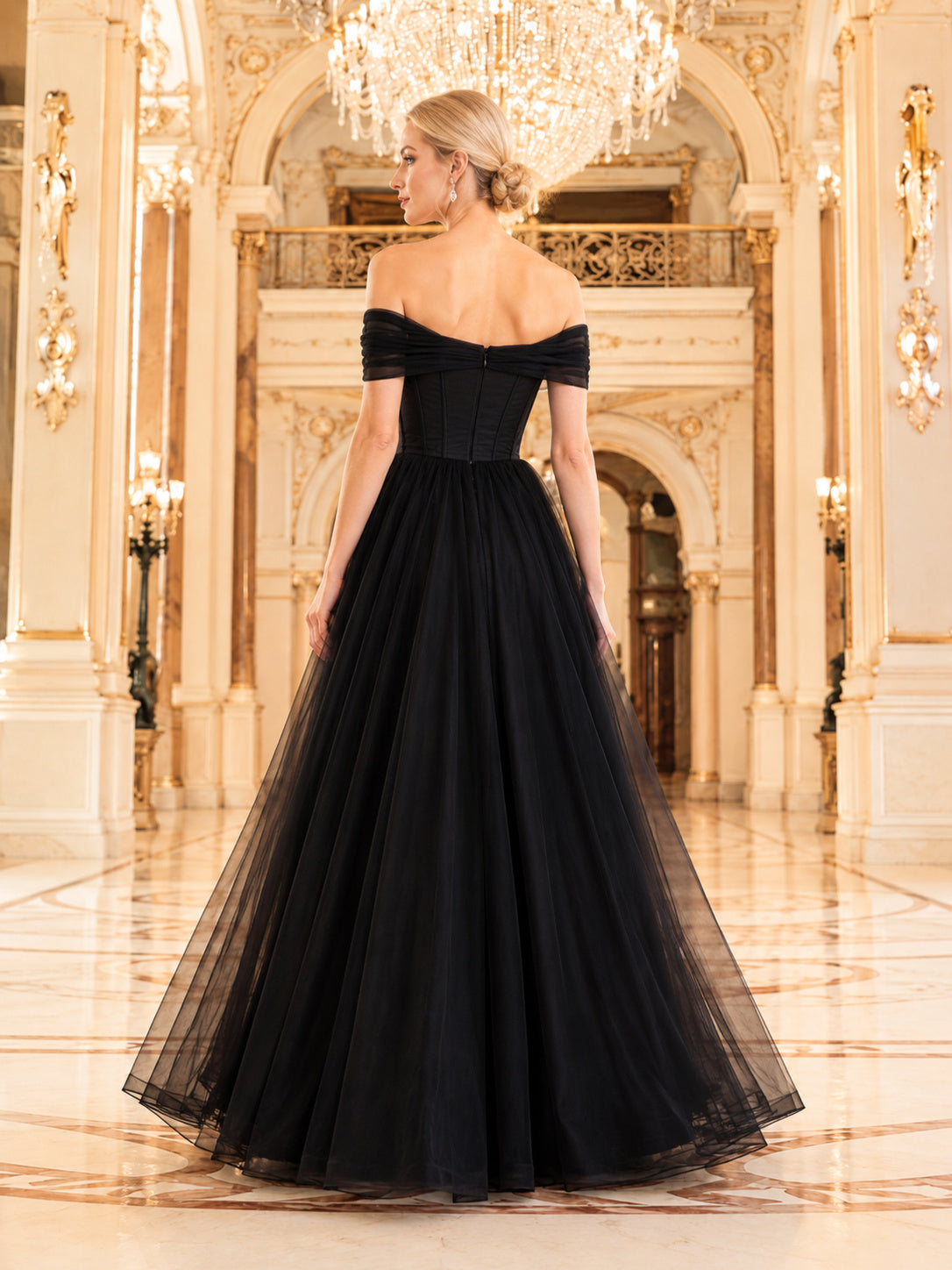Black off shoulder tulle ballroom opera evening gown back view