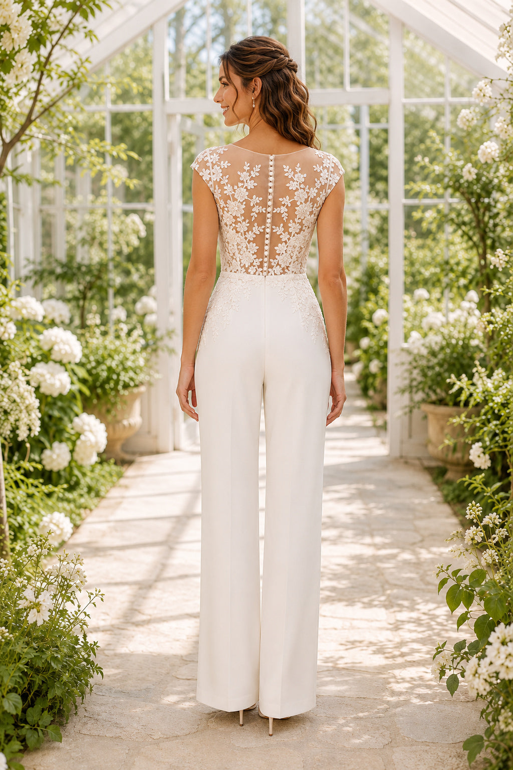 White Cap Sleeve Lace Bodice Bridal Jumpsuit back view